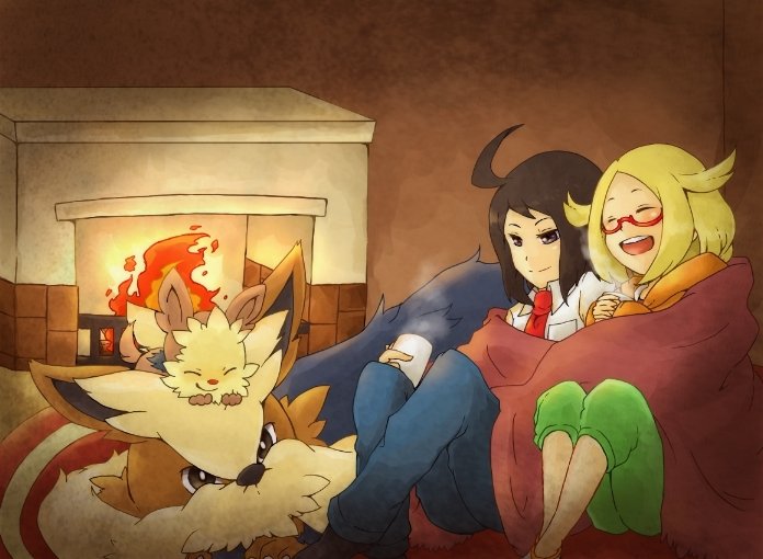1boy 1girl animal_ears bianca_(pokemon) black_hair blanket blonde_hair cheren_(pokemon) collared_shirt cup dog dog_ears fire fireplace gen_5_pokemon glasses happy hetero holding holding_cup jacket lillipup lying mirai_(rs-729201204113-lg) necktie nintendo orange_jacket pokemon pokemon_(creature) pokemon_bw2 red-framed_eyewear shirt side-by-side sitting smile stoutland