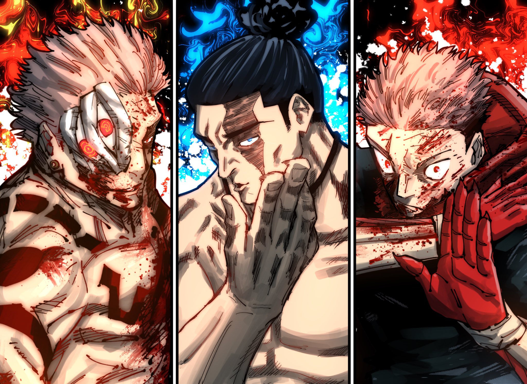 3boys akutami_gege artist_collaboration battle black_hair blood blood_on_face blowing_kiss colorized contrast extra_eyes highres itadori_yuuji jjk_myaa jujutsu_kaisen male_focus monster_boy multiple_boys muscular muscular_male pectorals ryoumen_sukuna_(jujutsu_kaisen) ryoumen_sukuna_(true_form)_(jujutsu_kaisen) scar scar_across_eye scar_on_face serious short_hair sideburns spoilers third-party_edit toudou_aoi_(jujutsu_kaisen) undercut upper_body