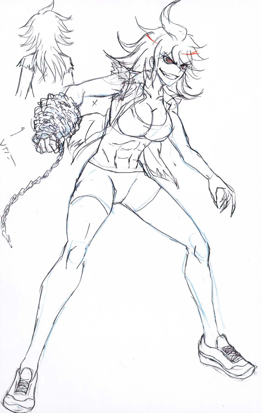 1girl abs alternate_costume alternate_eye_color artist_request chain chain_around_arm concept_art danganronpa_(series) danganronpa_2:_goodbye_despair danganronpa_3_(anime) fingernails highres long_hair muscular muscular_female official_alternate_costume official_alternate_eye_color official_art owari_akane red_eyes sharp_fingernails shirt shorts third-party_source torn_clothes torn_shirt