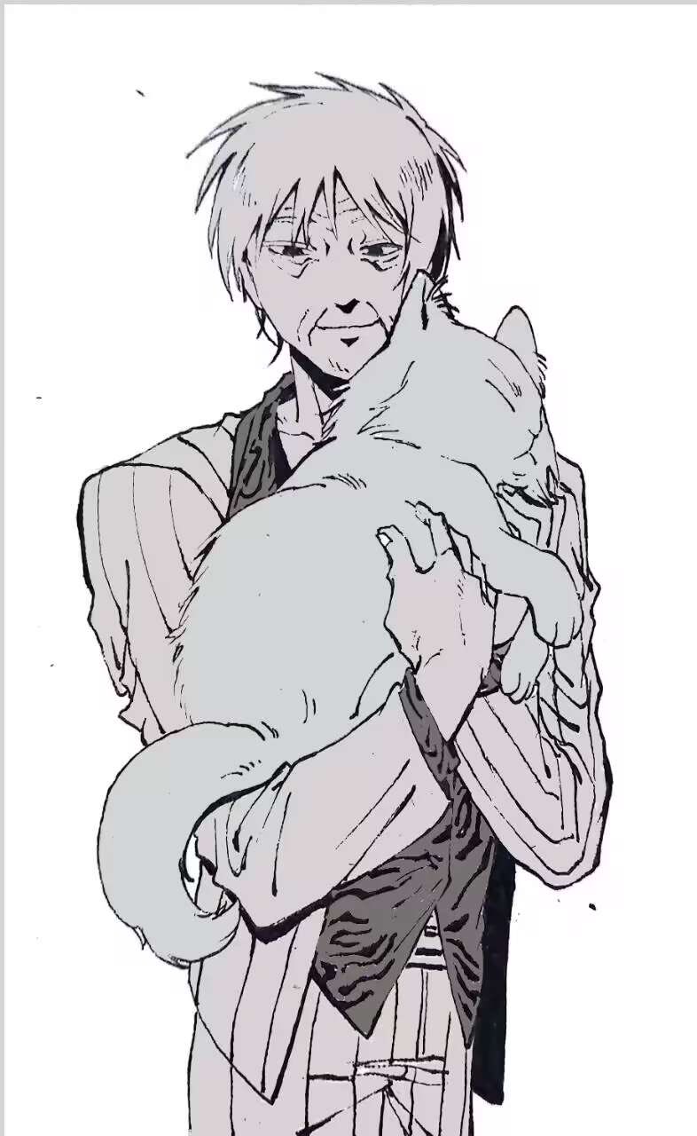 1boy akagi_shigeru animal animal_print cat chinese_commentary closed_mouth collared_shirt commentary_request cowboy_shot empty_eyes fukumoto_mahjong greyscale highres holding holding_animal holding_cat jacket long_sleeves looking_at_viewer male_focus monochrome nanji_yuan_zhumin old old_man pants print_shirt shirt short_hair simple_background smile solo striped_clothes striped_jacket striped_pants ten_(manga) tiger_print vertical-striped_clothes vertical-striped_jacket vertical-striped_pants wrinkled_skin