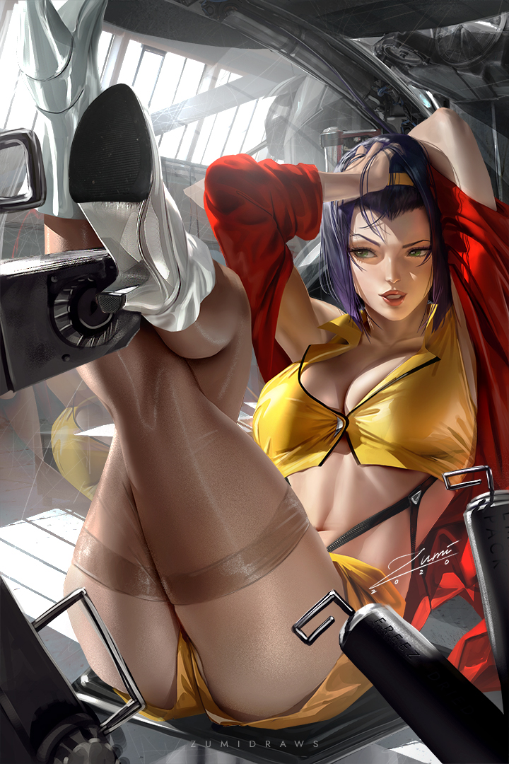 1girl arm_behind_head arm_up boots breasts brown_thighhighs cleavage commentary cowboy_bebop crop_top crossed_legs english_commentary faye_valentine green_eyes hairband hand_in_own_hair high_collar high_heel_boots high_heels large_breasts looking_to_the_side lying navel on_back parted_lips purple_hair red_shirt shirt short_hair shorts silver_footwear spacecraft spacecraft_interior stomach thighhighs thighs yellow_hairband yellow_shirt yellow_shorts zumi_(zumidraws)