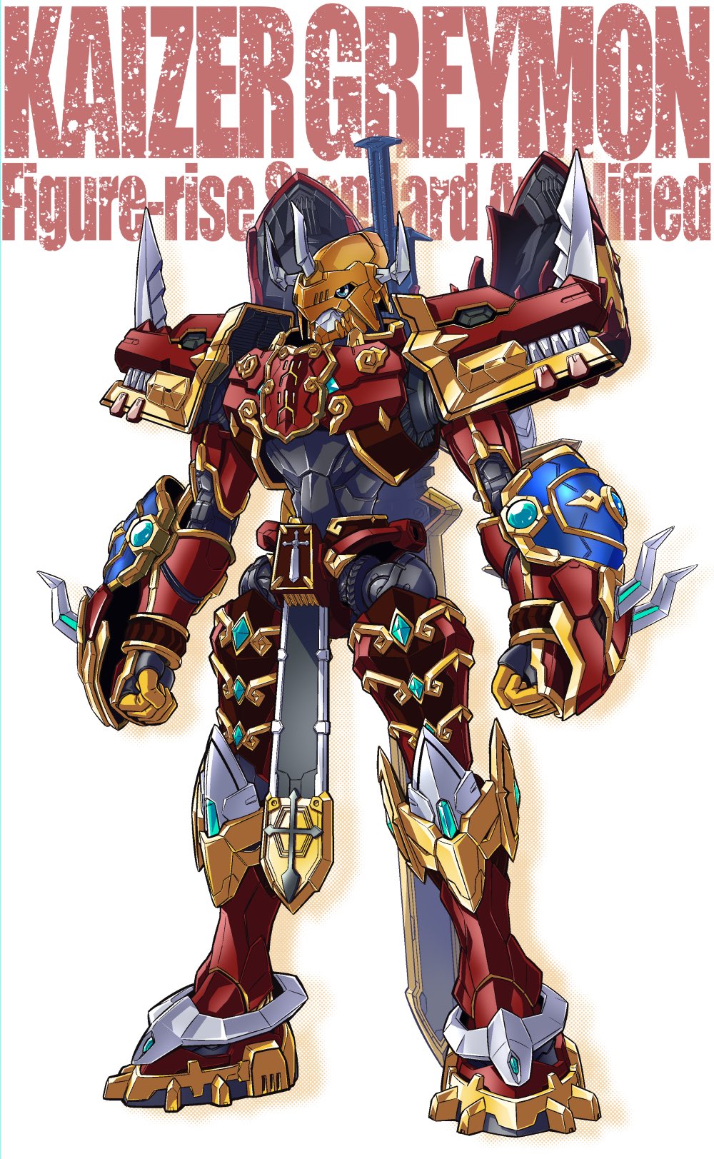 1boy announcement_celebration armor as&#039;maria blue_eyes character_name dated digimon digimon_(creature) digimon_frontier full_body helmet highres horns kaisergreymon mecha orange_helmet red_armor robot simple_background solo white_background
