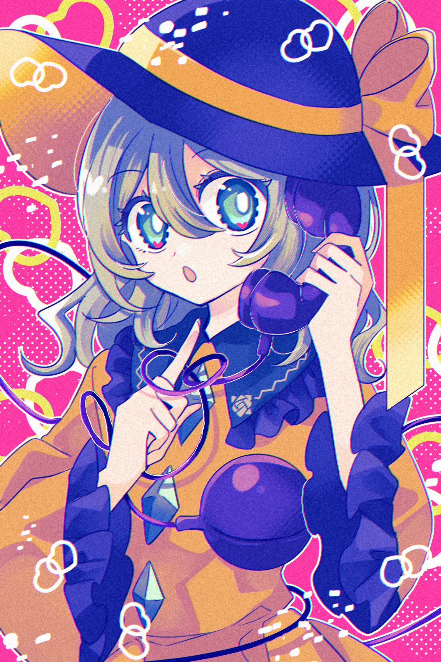 1girl :o black_hat blouse bow buttons corded_phone diamond_button eyeball frilled_shirt_collar frilled_sleeves frills green_eyes green_hair hair_between_eyes hat hat_bow hat_ribbon heart heart_of_string highres holding holding_phone katsuragi_atori komeiji_koishi long_sleeves looking_at_viewer medium_hair open_mouth phone ribbon shirt skirt skirt_set solo talking_on_phone third_eye touhou wide_sleeves yellow_bow yellow_ribbon yellow_shirt