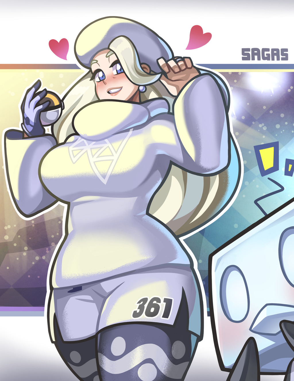 1girl artist_name bird blonde_hair blue_eyes blush breasts earrings eiscue fur_collar fur_hat gen_8_pokemon gloves hat heart highres jewelry large_breasts long_hair long_sleeves mature_female melony_(pokemon) multicolored_hair nintendo pantyhose pantyhose_under_shorts pearl_earrings penguin poke_ball pokemon pokemon_(creature) pokemon_swsh ring sagas293 scarf shorts side_slit side_slit_shorts single_glove streaked_hair sweater ultra_ball ushanka wedding_ring white_scarf white_sweater