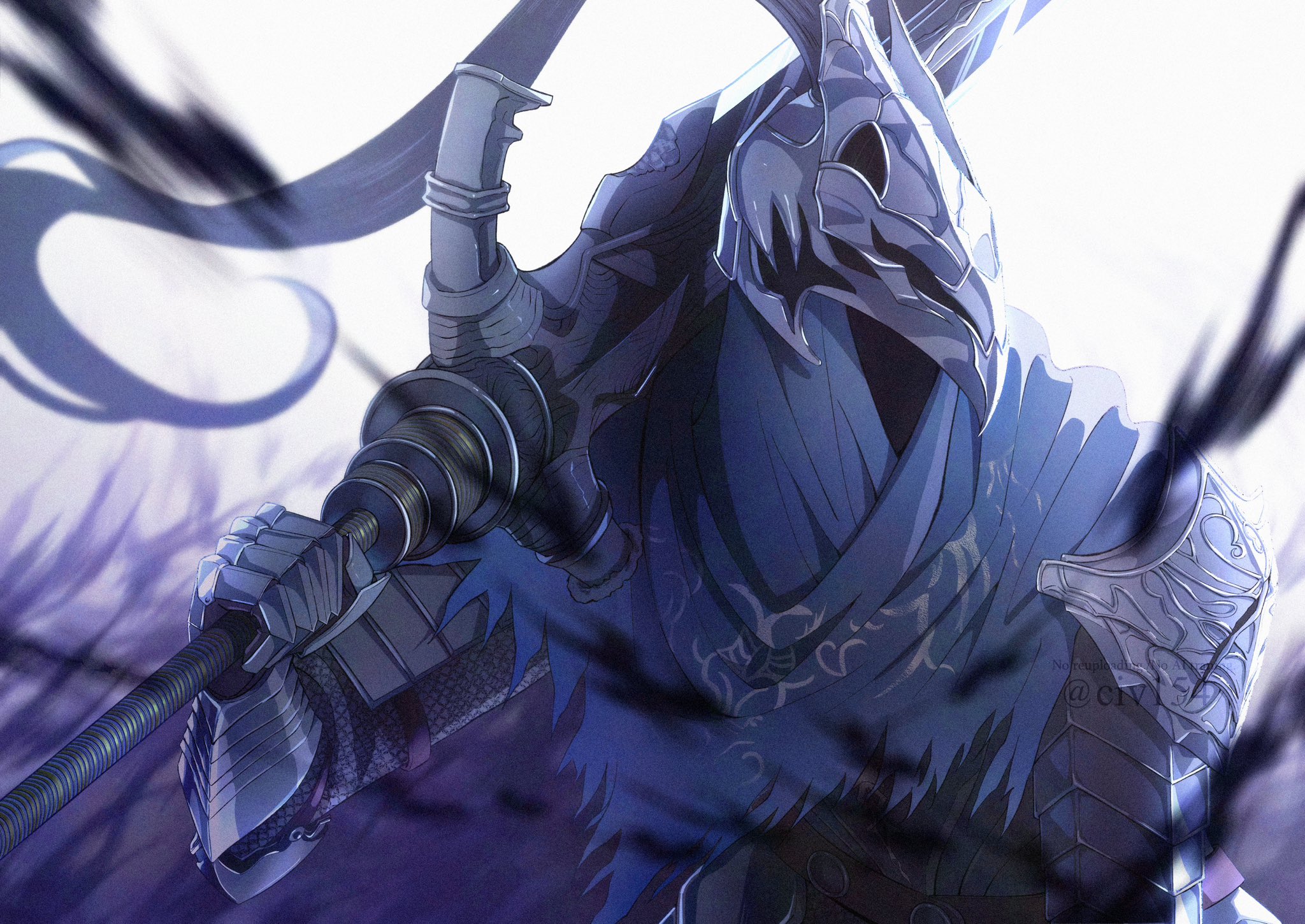 1boy artist_name artorias_the_abysswalker aura blurry blurry_foreground civ154 covered_face dark_aura dark_souls_(series) dark_souls_i greatsword hashtag-only_commentary helmet highres holding holding_sword holding_weapon male_focus solo standing sword watermark weapon white_background