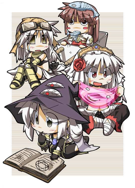 4girls arch_bishop_(ragnarok_online) bikini bikini_top_only black_bikini black_eyes black_gloves black_hair black_hat black_pants blush_stickers book brown_background brown_bandana brown_hair chest_sarashi chibi chibi_only cleavage_cutout clothing_cutout comiket_81 commentary_request cross dress empty_eyes eye_print fish_in_mouth fish_on_head flower foot_wraps full_body gloves goggles goggles_on_head grey_eyes grey_hair hair_flower hair_ornament hat hexagram juliet_sleeves jumpsuit jumpsuit_around_waist long_hair long_sleeves mechanic_(ragnarok_online) multiple_girls navel nitoro_(nasenaru) o_o open_mouth pants poring puffy_sleeves pullcart ragnarok_online raised_eyebrow reading red_dress red_eyes red_flower red_rose rose sarashi striped_background sura_(ragnarok_online) swimsuit two-tone_dress warlock_(ragnarok_online) white_background white_dress white_jumpsuit witch_hat