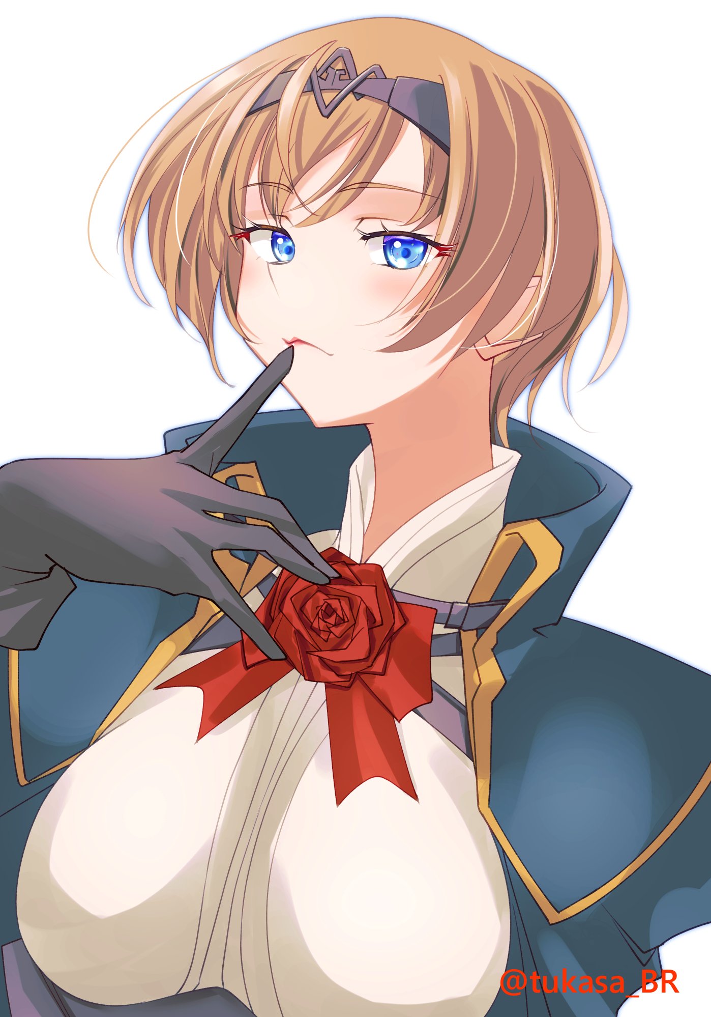 1girl black_gloves blonde_hair blue_eyes collared_shirt dress_shirt finger_to_mouth flower gloves hairband highres kantai_collection lips military_uniform official_alternate_hair_length official_alternate_hairstyle one-hour_drawing_challenge red_flower red_ribbon red_rose ribbon rose shirt short_hair simple_background solo tsukasa_(tukasa_br) upper_body victorious_(kancolle) white_background white_shirt