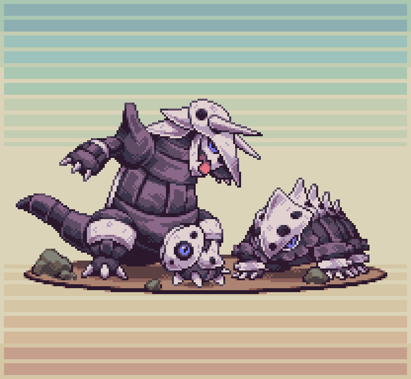 abstract_background aggron armlet aron blue_eyes closed_mouth dutch_angle empty_eyes evolutionary_line gen_3_pokemon horns jewelry lairon looking_at_viewer looking_up nintendo open_mouth outstretched_arms pixel_art pokemon pokemon_(creature) rock roseypixels size_difference skull_ornament smile spikes