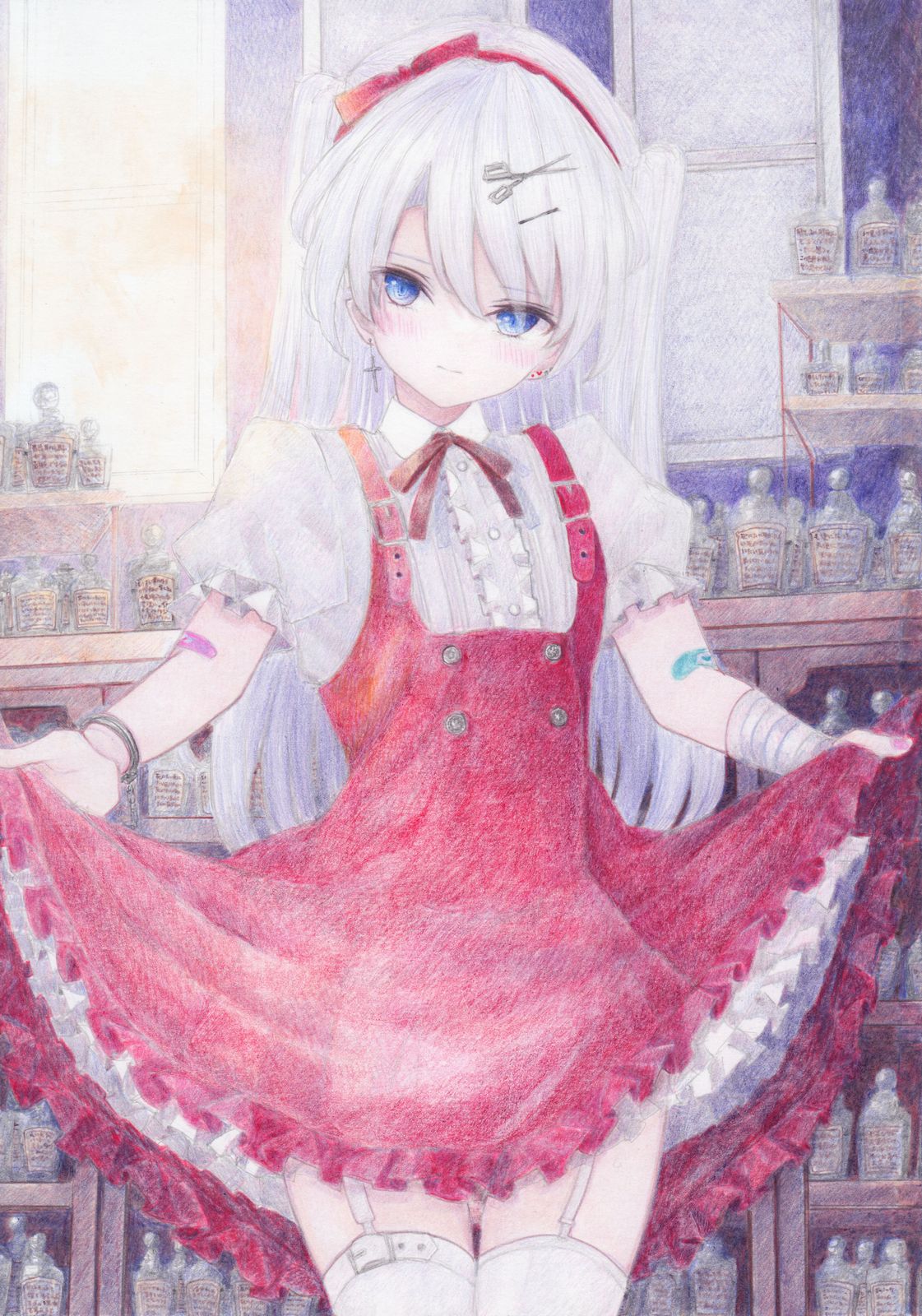 1girl bandages bandaid blue_eyes blush clothes_lift colored_pencil_(medium) cross cross_earrings cuffs curtsey darkkanan dress earrings eyes_visible_through_hair frilled_dress frilled_shirt frilled_skirt frills garter_straps hair_between_eyes hairband handcuffs highres indoors jewelry long_hair looking_at_viewer original painting_(medium) red_dress red_hairband shirt skirt skirt_lift solo standing suspender_skirt suspenders thighhighs traditional_media watercolor_(medium) white_hair white_shirt