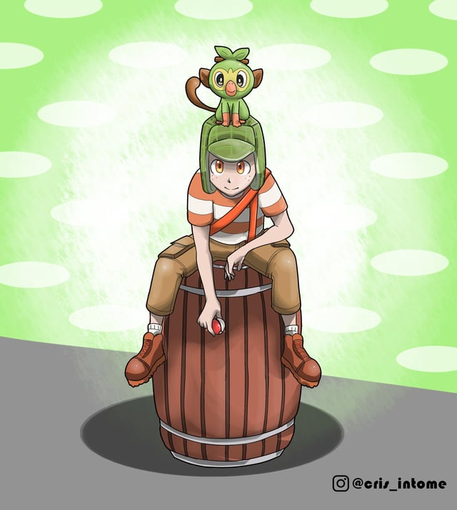 1boy barrel black_eyes bright_pupils closed_mouth colored_skin creatures_(company) cris_intome crossover el_chavo el_chavo_del_ocho freckles full_body game_freak gen_8_pokemon green_background grookey hat holding holding_poke_ball instagram_username looking_at_viewer male_focus monkey nintendo nostrils official_style on_head orange_eyes pants poke_ball poke_ball_(basic) pokemon pokemon_(creature) pokemon_on_head shirt simple_background smile socks striped_clothes striped_shirt t-shirt
