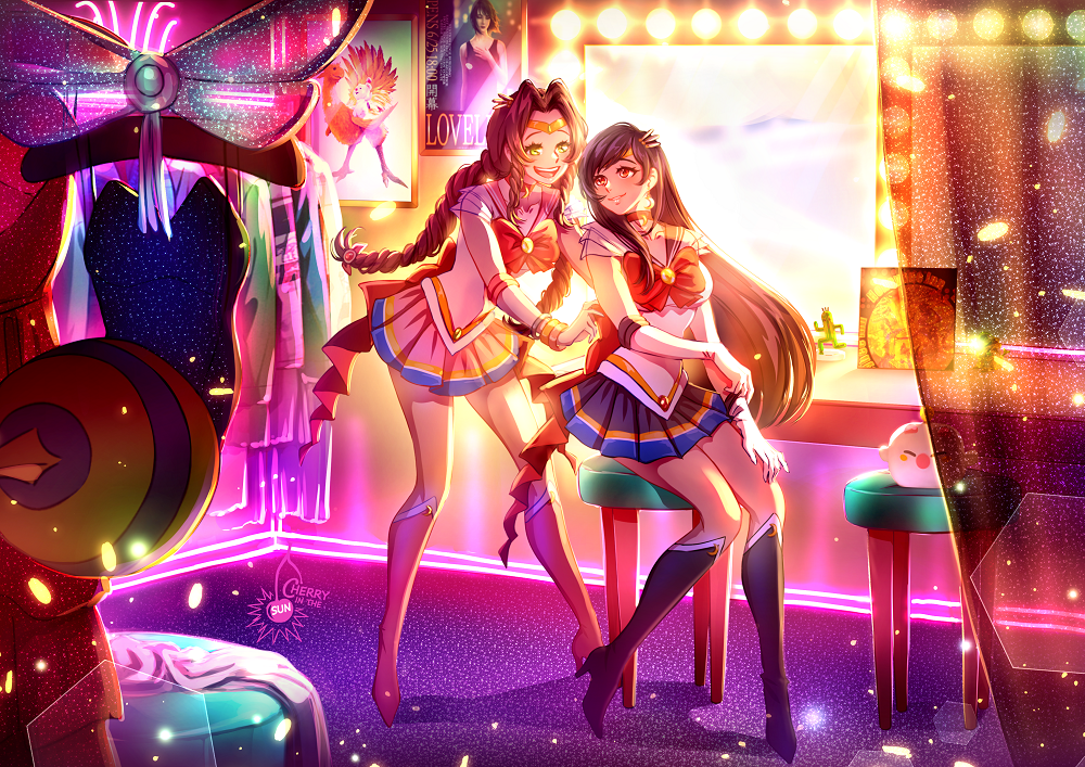 2girls :d aerith_gainsborough bishoujo_senshi_sailor_moon black_choker black_footwear blue_skirt boots bow bowtie braid brown_hair cherry_in_the_sun choker circlet cosplay final_fantasy final_fantasy_vii floating_hair green_eyes grin hair_intakes high_heel_boots high_heels indoors knee_boots leaning_forward long_hair looking_at_another looking_back miniskirt multicolored_skirt multiple_girls open_mouth pink_boots pleated_skirt red_bow red_bowtie red_eyes sailor_moon see-through_clothes shirt sitting skirt sleeveless sleeveless_shirt smile standing super_sailor_moon super_sailor_moon_(cosplay) tifa_lockhart twin_braids very_long_hair white_shirt