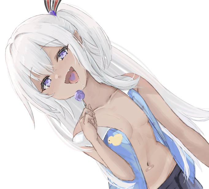 1girl azur_lane bandaid_on_stomach bare_shoulders black_skirt blue_skirt blue_vest blush breasts candy dark-skinned_female dark_skin food groin hair_between_eyes hair_ribbon hand_up holding holding_candy holding_food holding_lollipop leaning_forward lollipop long_hair looking_at_viewer looking_up miniskirt mumei_shumi naughty_face navel nipples no_bra no_panties open_clothes open_vest pleated_skirt purple_eyes ribbon side_ponytail skirt small_breasts smug solo striped_ribbon tan tanline u-31_(azur_lane) u-31_(let&#039;s_go_home)_(azur_lane) very_long_hair vest white_hair