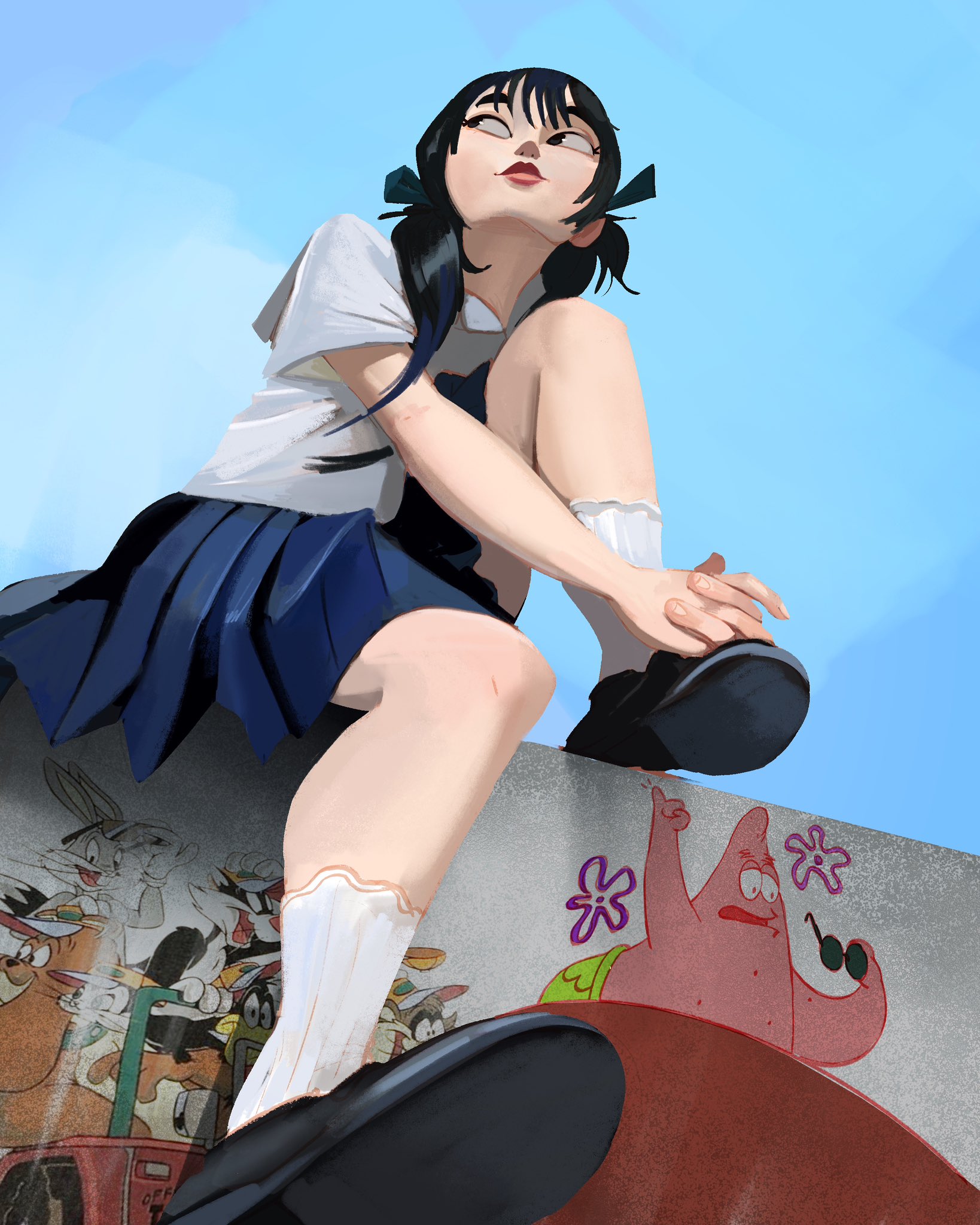 1girl black_footwear black_hair blue_skirt bugs_bunny commentary from_below graffiti highres hugging_own_legs knee_up long_hair looking_to_the_side looney_tunes original outdoors patrick_star pleated_skirt shirt shoe_soles sitting skirt sky socks spongebob_squarepants_(series) sylvester_(looney_tunes) symbol-only_commentary the_awesombrosos white_shirt white_socks
