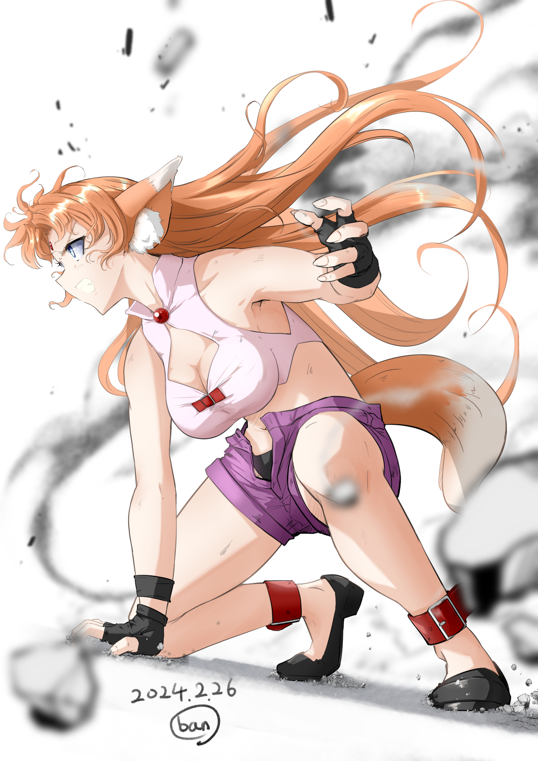 1girl animal_ears arf ban_(777purin) black_gloves black_panties blue_eyes blush breasts brown_hair cleavage dated fingerless_gloves gloves groin highres large_breasts long_hair lyrical_nanoha mahou_shoujo_lyrical_nanoha mahou_shoujo_lyrical_nanoha_a&#039;s mahou_shoujo_lyrical_nanoha_strikers midriff navel open_clothes open_shorts panties purple_shorts shorts signature simple_background solo tail underwear white_background wolf_ears wolf_girl wolf_tail