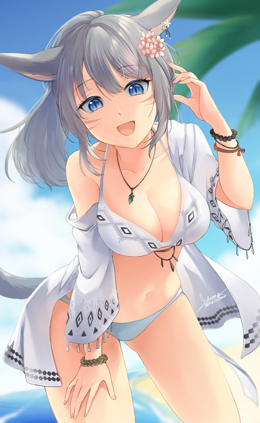 1girl animal_ears bikini blue_eyes bracelet breasts cat_ears cat_girl cat_tail cleavage earrings facial_mark final_fantasy final_fantasy_xiv flower flower_earrings grey_hair hair_flower hair_ornament highres jewelry looking_at_viewer miqo&#039;te nanase_kokono navel necklace ponytail signature single_earring solo swimsuit swimsuit_cover-up tail warrior_of_light_(ff14) whisker_markings white_bikini
