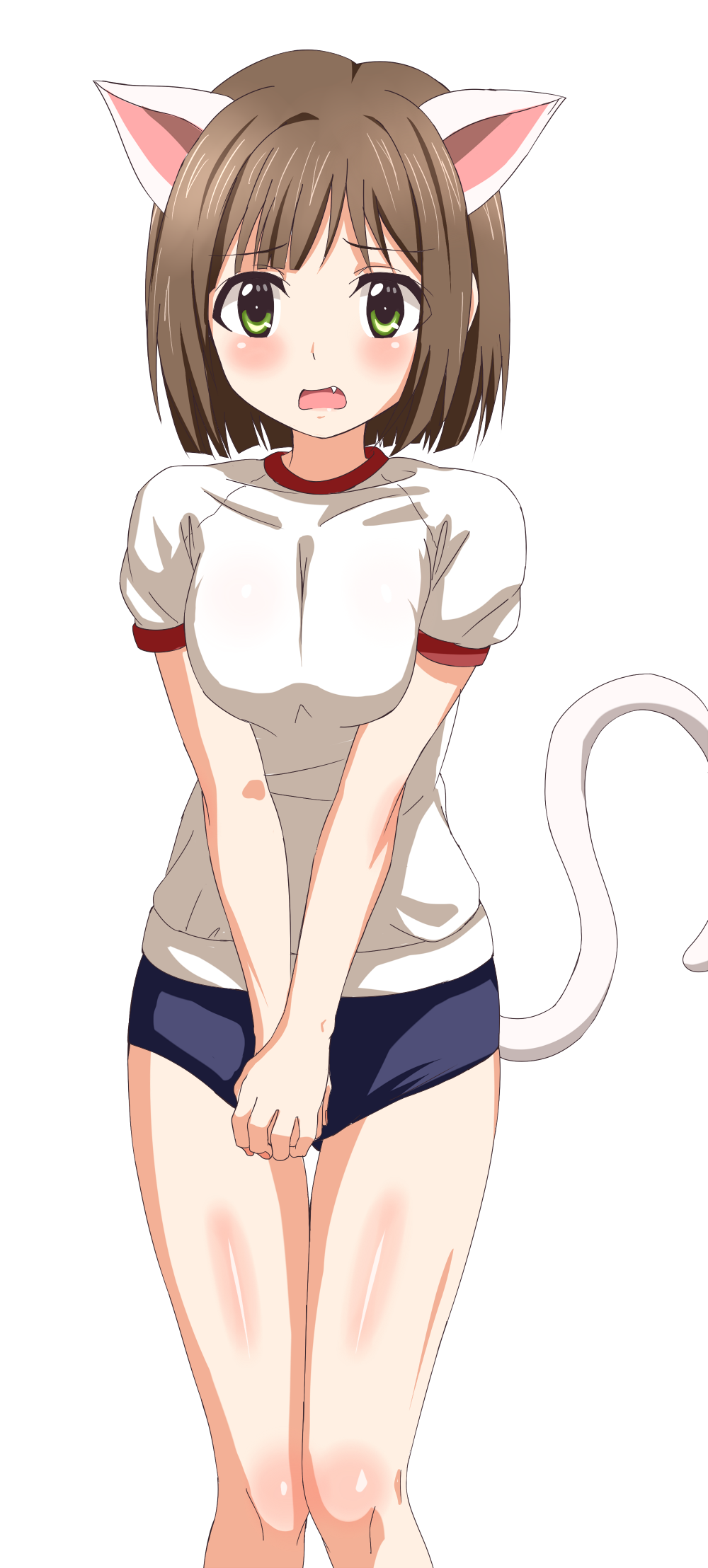 1girl animal_ears black_buruma breasts breasts_squeezed_together brown_hair buruma cat_ears cat_tail covering_crotch covering_privates embarrassed fake_animal_ears fake_tail fang gluteal_fold gym_uniform highres idolmaster idolmaster_cinderella_girls looking_at_viewer maekawa_miku open_mouth shirt short_sleeves simple_background sincos solo standing t-shirt tail white_background white_shirt