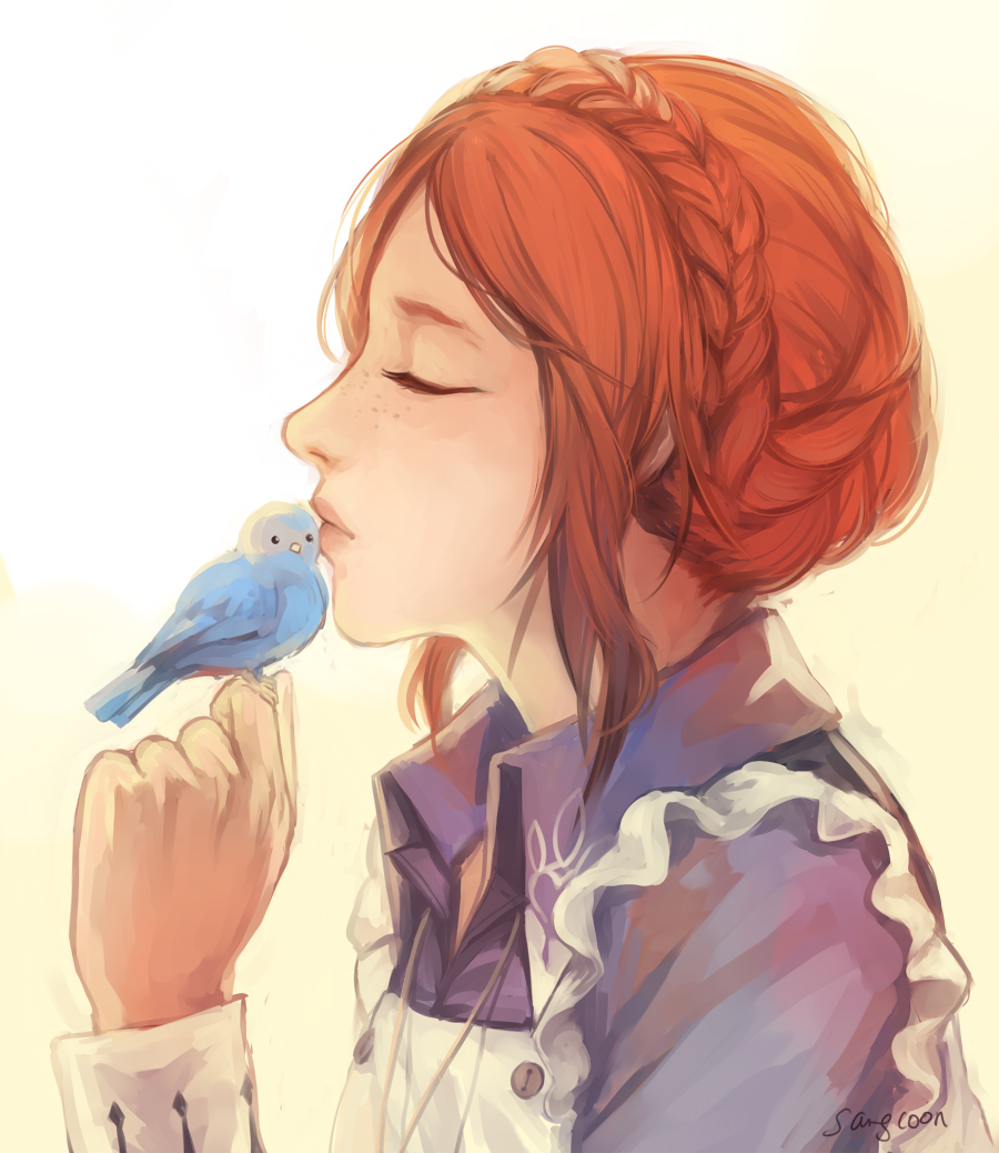 1girl animal artist_name bird braid closed_eyes female_focus freckles from_side kiss kissing_animal kyokugen_dasshutsu kyokugen_dasshutsu_adv:_zennin_shibou_desu luna_(kyokugen_dasshutsu) profile red_hair sangcoon signature solo upper_body white_background