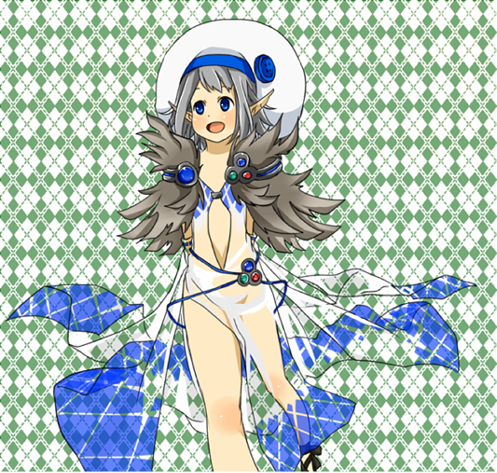1girl argyle_background argyle_clothes argyle_dress blue_eyes blush commentary_request dress foot_out_of_frame fur_collar green_background green_eyes hat looking_afar lowres meiko_(nattu303) open_mouth pointy_ears ragnarok_online see-through_clothes see-through_dress short_hair side_slit sleeveless sleeveless_dress smile solo sorcerer_(ragnarok_online) tam_(ragnarok_online) white_hat