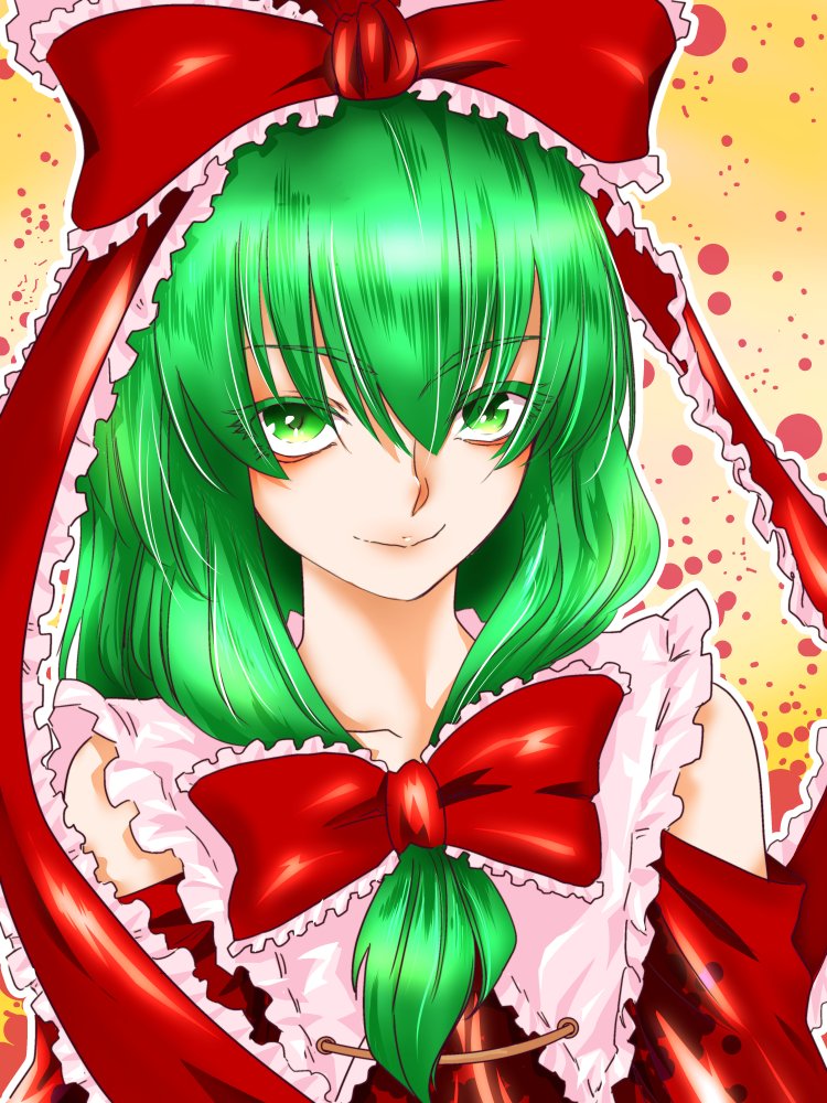 1girl front_ponytail green_eyes green_hair kagiyama_hina looking_at_viewer nunnun_(shunka_shuutou) smile solo touhou