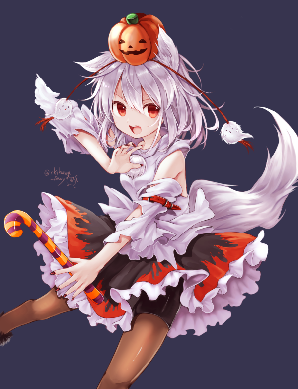 1girl :d alternate_headwear animal_ears arm_belt black_shorts black_skirt breasts brown_pantyhose candy candy_cane chikuwa_savy commentary_request detached_sleeves feet_out_of_frame fingernails food frilled_skirt frills grey_background hair_between_eyes holding holding_candy holding_candy_cane holding_food inubashiri_momiji long_fingernails looking_to_the_side medium_hair open_mouth pantyhose pom_pom_(clothes) pumpkin_hat red_eyes red_nails shirt short_sleeves shorts shorts_under_skirt simple_background skirt smile solo tail torn_clothes torn_sleeves touhou twitter_username white_hair white_shirt wolf_ears wolf_girl wolf_tail