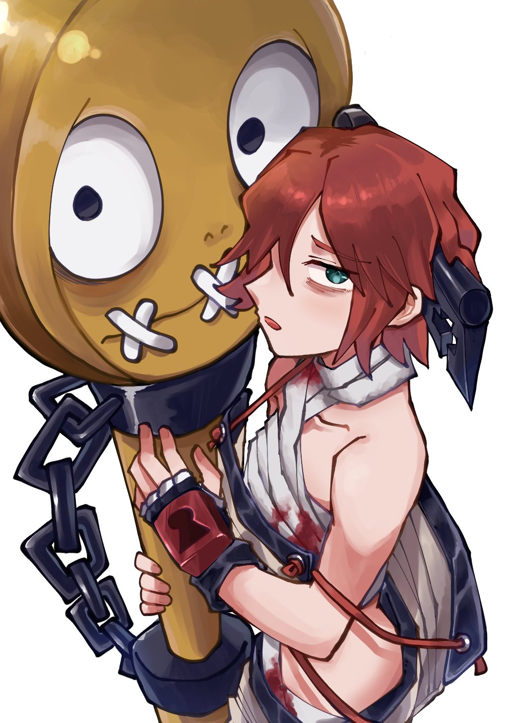 a.b.a bags_under_eyes bandaged_chest bandages blood blood_on_clothes bloody_bandages chain fingerless_gloves gloves green_eyes guilty_gear guilty_gear_xx hair_over_one_eye highres homunculus key key_in_head looking_at_viewer object_through_head oushiza_towel paracelsus_(guilty_gear) red_hair short_hair solo stitched_mouth stitches