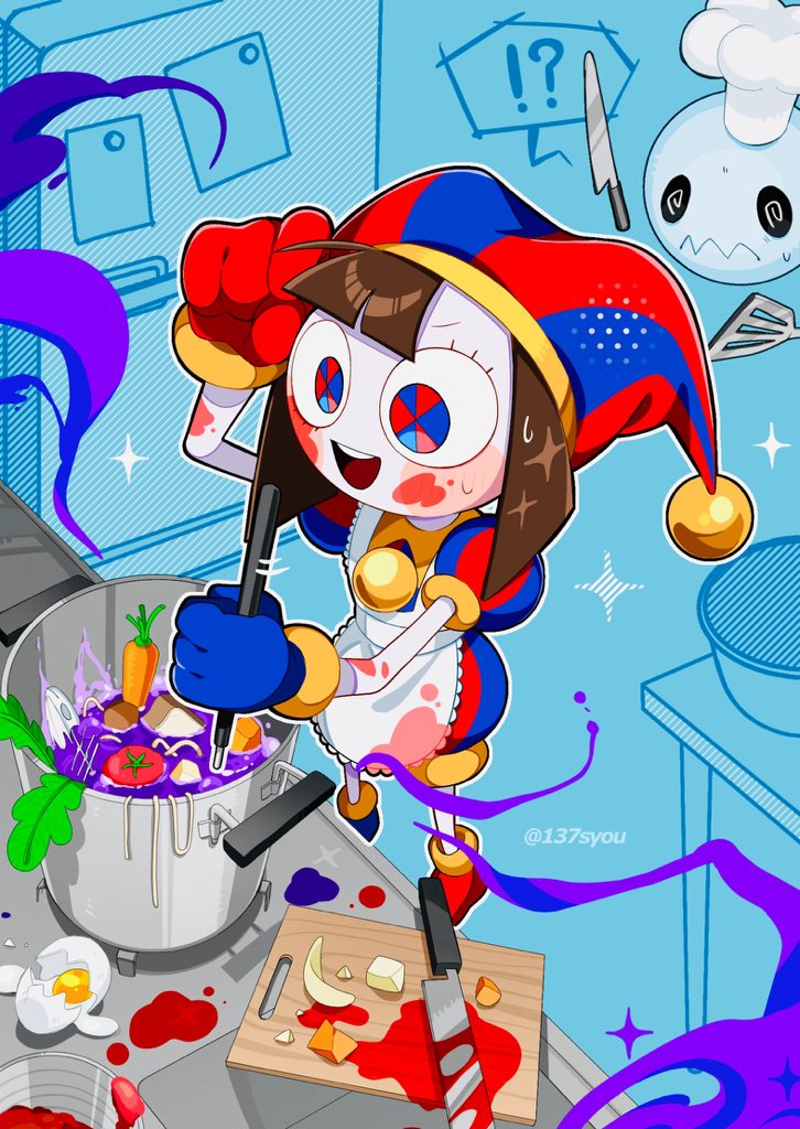 !? 137syou 1girl 1other :d @_@ apron arm_up artist_name asymmetrical_footwear asymmetrical_gloves bad_food blood bloody_knife blue_eyes blue_footwear blue_gloves blue_headwear blush_stickers bread brown_hair bubble_(the_amazing_digital_circus) carrot cheese colored_skin confused cooking counter cracked_egg cutting_board egg_yolk fish_skeleton food food_on_face glitch_productions gloves hat jester jester_cap jester_costume kitchen knife maid_apron medium_hair mismatched_footwear mismatched_gloves multicolored_eyes open_mouth pasta pomni_(the_amazing_digital_circus) potato puffy_short_sleeves puffy_shorts puffy_sleeves red_eyes red_footwear red_gloves red_headwear short_sleeves shorts smile solid_oval_eyes sparkle spatula speech_bubble stove sweatdrop table teeth the_amazing_digital_circus tomato tomato_sauce two-tone_bodysuit two-tone_eyes two-tone_headwear upper_teeth_only white_skin