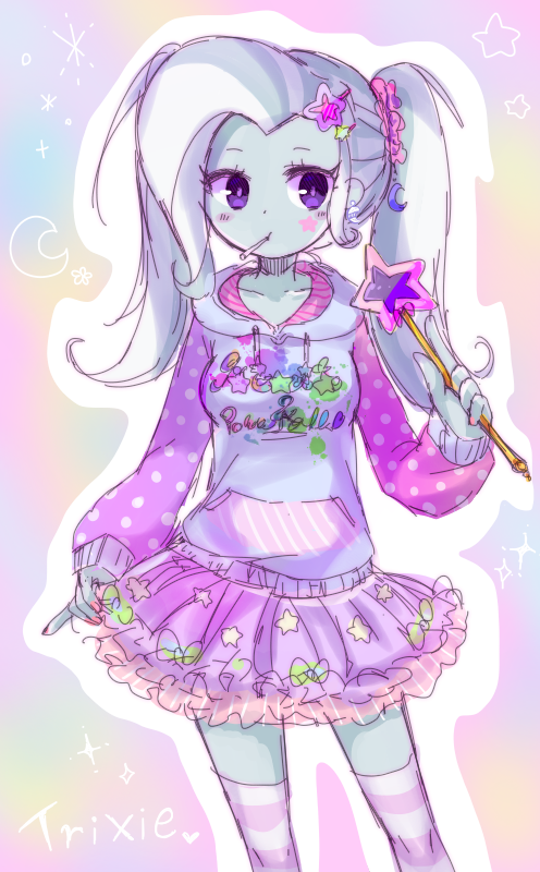 1girl blue_skin candy colored_skin crescent decora facial_mark fashion food frilled_skirt frills hair_ornament hair_scrunchie hair_tie hairpin harajuku_fashion hood hoodie humanization lollipop magical_girl multicolored_background my_little_pony my_little_pony:_equestria_girls my_little_pony:_friendship_is_magic nail_polish pastel_colors pink_nails polka_dot print_shirt purple_eyes scrunchie shirt side_ponytail sketch skirt socks solo sparkle star_(symbol) star_facial_mark star_hair_ornament sticker_on_face striped_clothes striped_thighhighs thighhighs torio_(tumasakisamui) trixie_lulamoon trixie_lulamoon_(equestria_girls) tutu wand white_hair