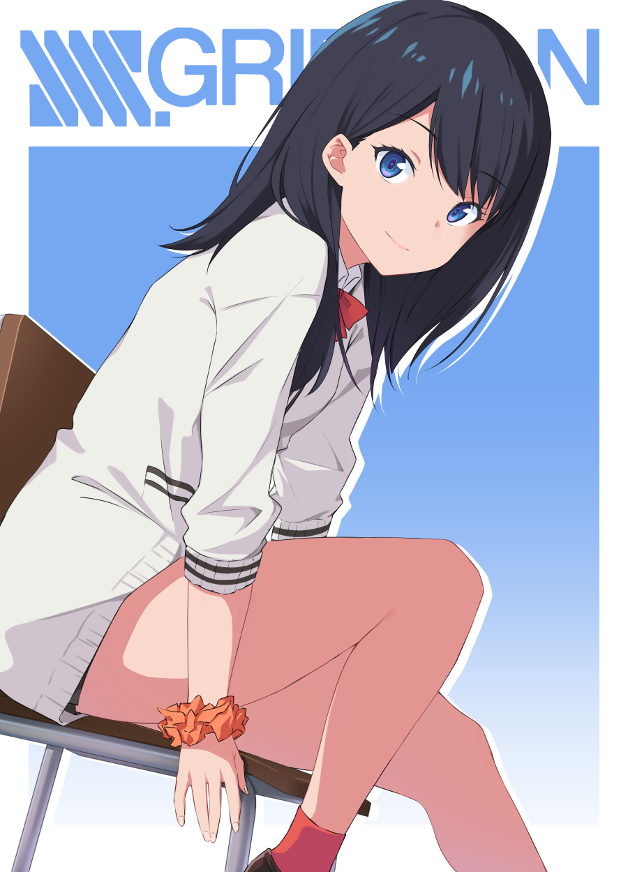 1girl 53c_(ray_cordova) black_hair blue_eyes bow bowtie cardigan chair female_focus gridman_universe highres long_hair long_sleeves looking_at_viewer medium_hair pleated_skirt school_uniform scrunchie sitting skirt smile solo ssss.gridman takarada_rikka