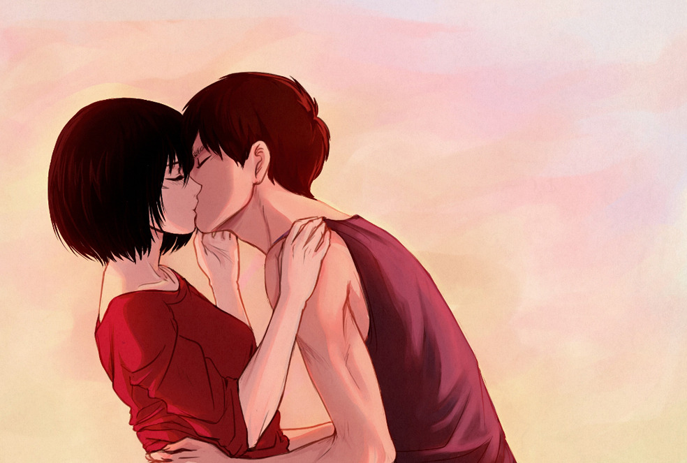1boy 1girl black_hair brown_hair brown_tank_top closed_eyes commentary daydream24-7 english_commentary eren_yeager facial_scar hetero kiss medium_hair mikasa_ackerman red_skirt scar scar_on_cheek scar_on_face shingeki_no_kyojin skirt tank_top