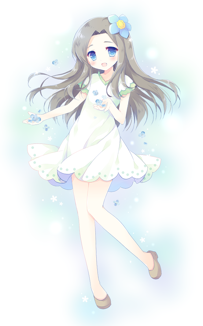 10s 1girl :d bad_id bad_pixiv_id blue_flower blush brown_hair brown_shoes dress female_focus flower flower_fairy_(osomatsu-kun) flower_girl_(osomatsu-kun) full_body hair_flower hair_intakes hair_ornament hasekura_chiaki holding holding_flower long_hair looking_at_viewer open_mouth osomatsu-kun osomatsu-san osomatsu_(series) parted_bangs shoes silver_hair smile solo sundress upskirt white_dress