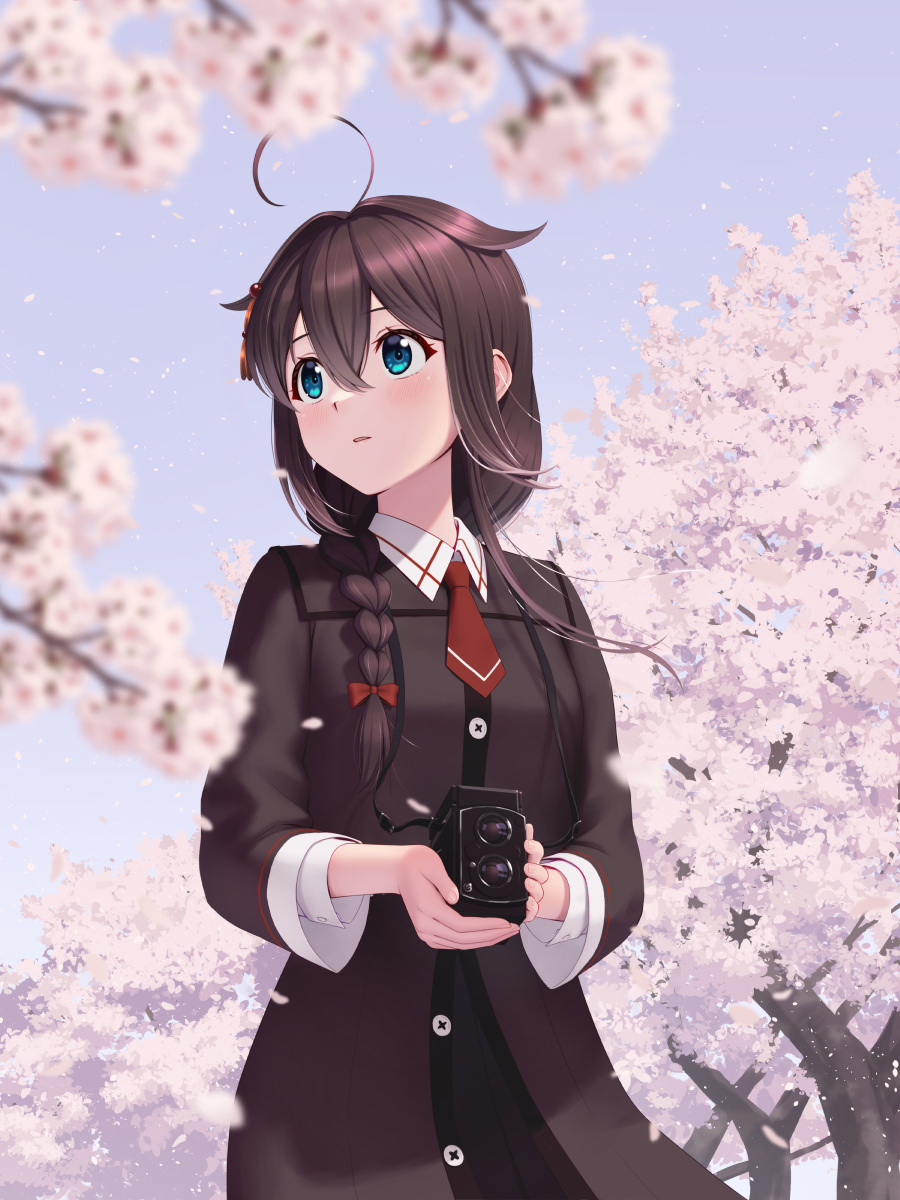 1girl ahoge black_coat black_hair blue_eyes blue_sky braid camera cherry_blossoms coat cowboy_shot day hair_flaps highres kantai_collection long_hair looking_to_the_side necktie official_alternate_costume outdoors porupurucha red_necktie shigure_(kancolle) shigure_(sasebo_2018)_(kancolle) shigure_kai_ni_(kancolle) single_braid sky solo tree twin-lens_reflex_camera