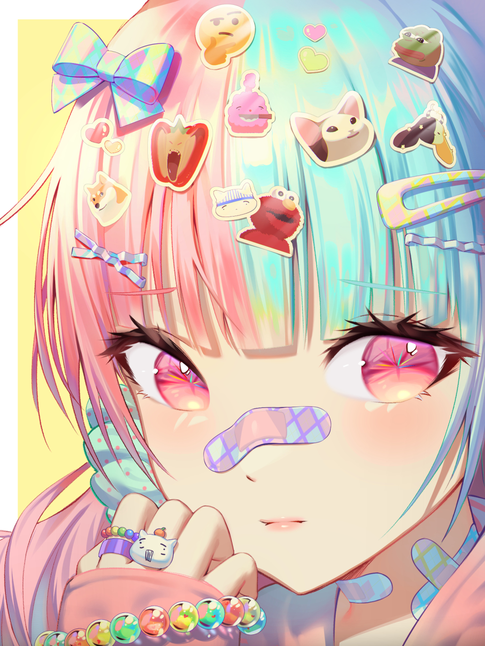 1girl bad_id bad_pixiv_id bandaid bandaid_on_face bandaid_on_neck bandaid_on_nose banned_artist blue_hair bow close-up closed_mouth dai_nikucho decora doge elmo emoji hair_bow hair_ornament hairclip hand_up heart highres light_blush looking_at_viewer meme multicolored_hair original pepe_the_frog pink_eyes pink_hair pop_cat_(meme) solo sticker two-tone_hair