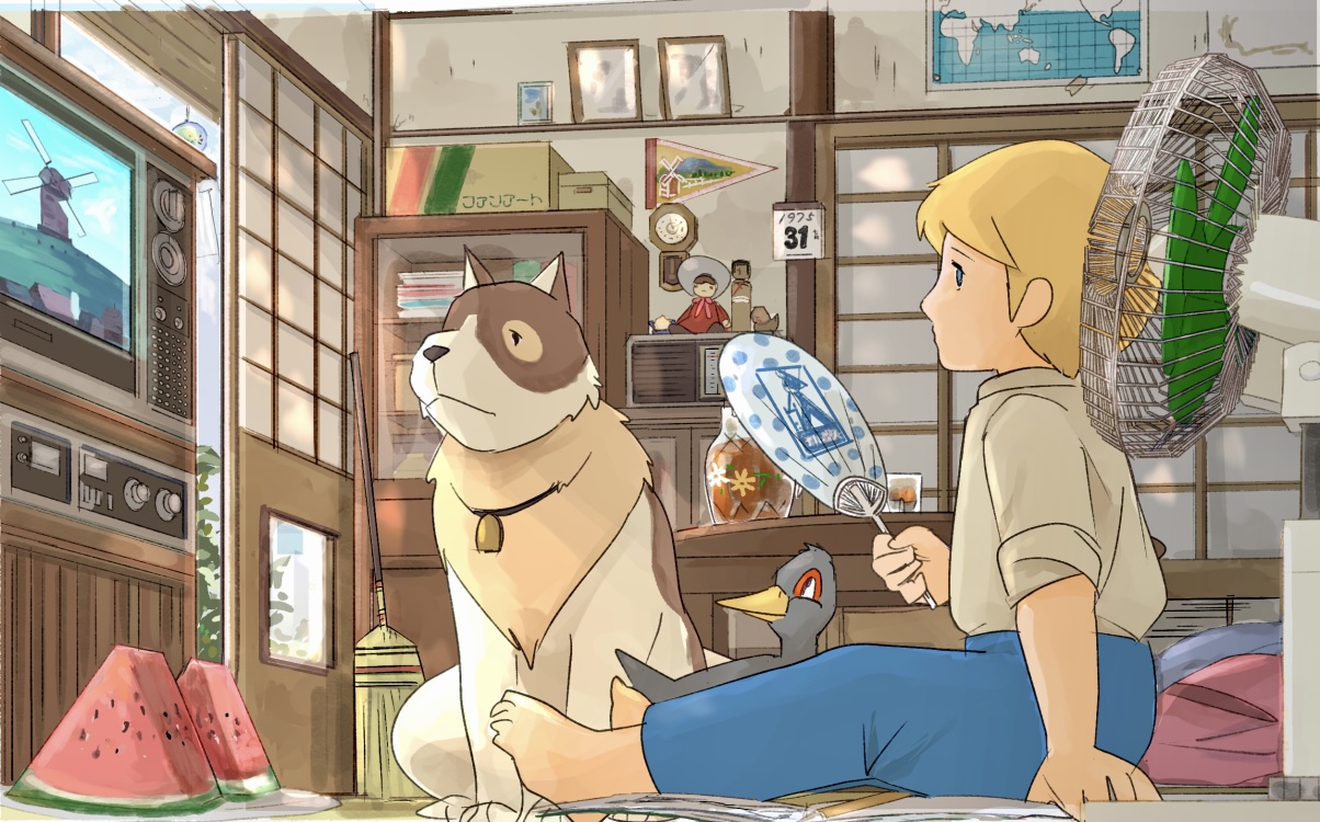 1boy a_dog_of_flanders barefoot bell bird blonde_hair blue_eyes bookshelf broom calendar_(object) child clock dog doll duck electric_fan food fruit hand_fan indoors map_(object) neck_bell nello_(a_dog_of_flanders) pennant petrasche_(a_dog_of_flanders) picture_frame pocco1224 shouji sitting sliding_doors solo television vase watermelon watermelon_slice wind_chime world_masterpiece_theater