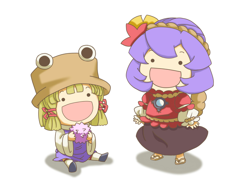 10s 2girls :d blonde_hair chibi cosplay fairy_(jintai) fairy_(jintai)_(cosplay) female_focus hair_ornament hair_ribbon hat jinrui_wa_suitai_shimashita long_sleeves mabui mirror moriya_suwako multiple_girls open_mouth purple_hair ribbon rope shimenawa shirt short_hair sitting skirt smile solid_circle_eyes standing touhou vest wide_sleeves yasaka_kanako
