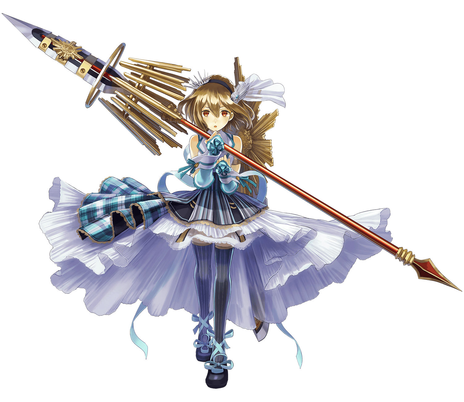 1girl :o aqua_ribbon bare_shoulders black_hairband detached_sleeves full_body hair_between_eyes hair_ornament hairband high-low_skirt highres holding holding_polearm holding_weapon light_brown_hair longinus_(phantom_of_the_kill) looking_at_viewer official_alternate_costume official_art orange_eyes phantom_of_the_kill polearm ribbon simple_background solo spear transparent_background watarubou weapon