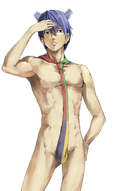 1boy 2k-kun blue_hair censored convenient_censoring glasses hand_on_own_hip male_focus naked_necktie necktie nude os-tan solo u_(the_unko) white_background