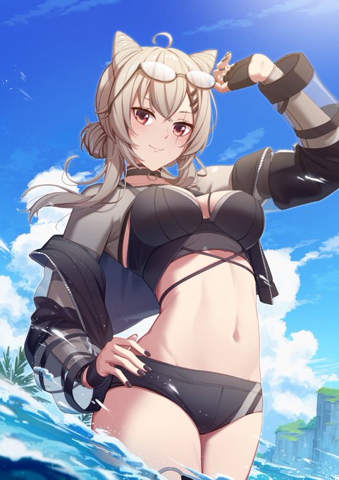 1girl beach bikini black_bikini black_choker black_jacket black_nails black_neckwear black_panties blue_sky breasts choker clear_sky cleavage cloud cornettes fingerless_gloves glasses glasses_on_head gloves grey_hair hair_ornament hairclip horned_hair in_water indie_virtual_youtuber jacket large_breasts midriff nail_polish panties red_eyes resu_desu saruei_(vtuber) scar scar_across_eye scar_on_face see-through_clothes see-through_sleeves sky smile solo stomach summer swimsuit underwear virtual_youtuber water_clothes