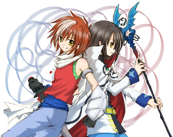2boys bare_shoulders belt black_hair brothers caius_qualls cape lukius_bridges multicolored_hair multiple_boys pants scarf siblings staff sword tales_of_(series) tales_of_the_tempest weapon yellow_eyes