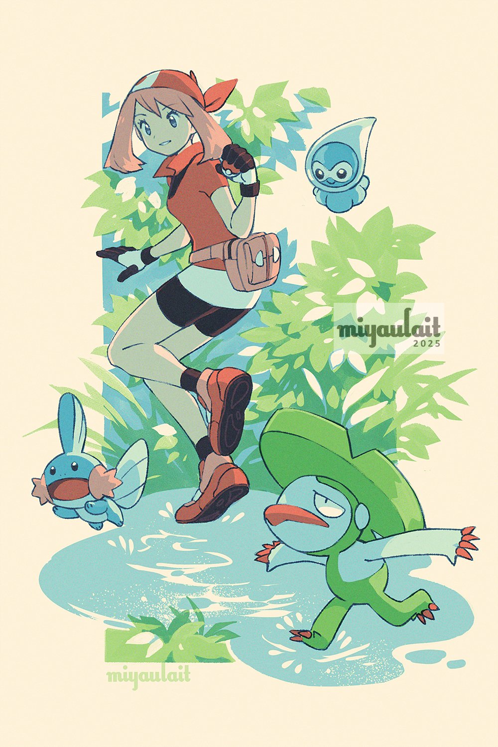 1girl artist_name bandana bike_shorts blue_eyes brown_hair castform castform_(rainy) collared_shirt eyelashes fanny_pack gen_3_pokemon gloves grin hand_up highres holding holding_poke_ball lombre may_(pokemon) medium_hair miyaulait mudkip nintendo pink_bag poke_ball poke_ball_(basic) pokemon pokemon_(creature) pokemon_rse puddle red_bandana red_shirt red_shoes shirt shoes short_sleeves skirt smile socks standing teeth water white_skirt