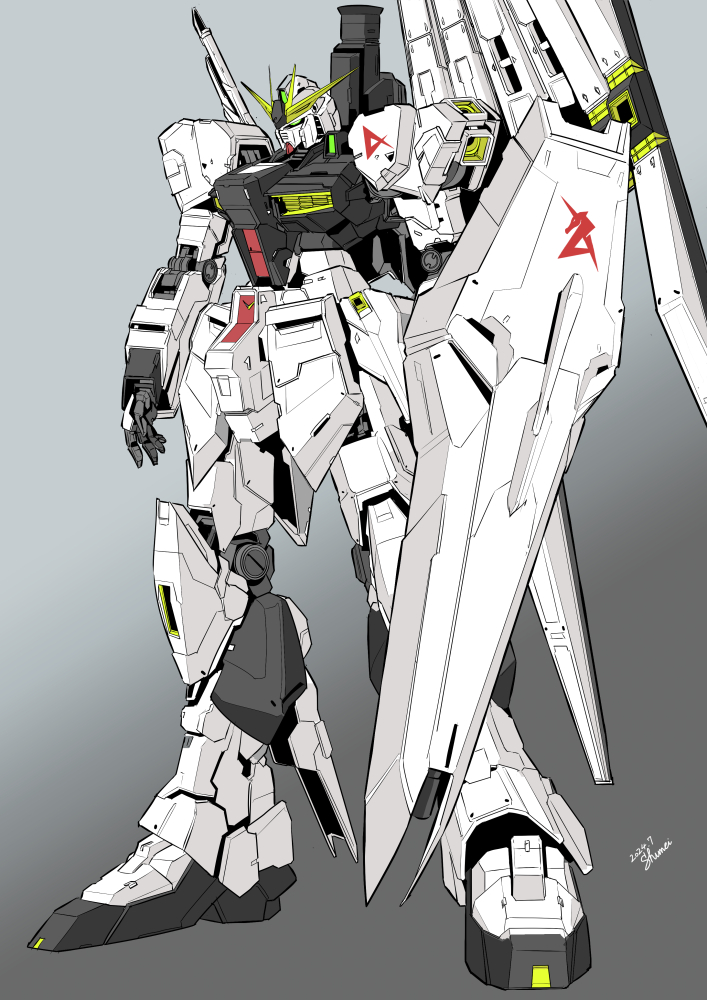2024 anaheim_electronics char&#039;s_counterattack commentary_request dated earth_federation emblem gradient_background gundam machinery mecha mecha_focus mobile_suit no_humans nu_gundam redesign robot science_fiction shield signature unicorn user_pemg4534 v-fin vernier_thrusters