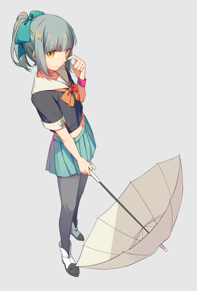 10s 1girl black_pantyhose black_shirt blouse bow female_focus full_body green_skirt grey_hair hair_bow kantai_collection looking_at_viewer nashi_(tidal0414) pantyhose pleated_skirt ponytail sailor_collar school_uniform serafuku shirt short_sleeves simple_background skirt solo standing transparent transparent_umbrella umbrella white_background white_sailor_collar yellow_eyes yuubari_(kancolle)