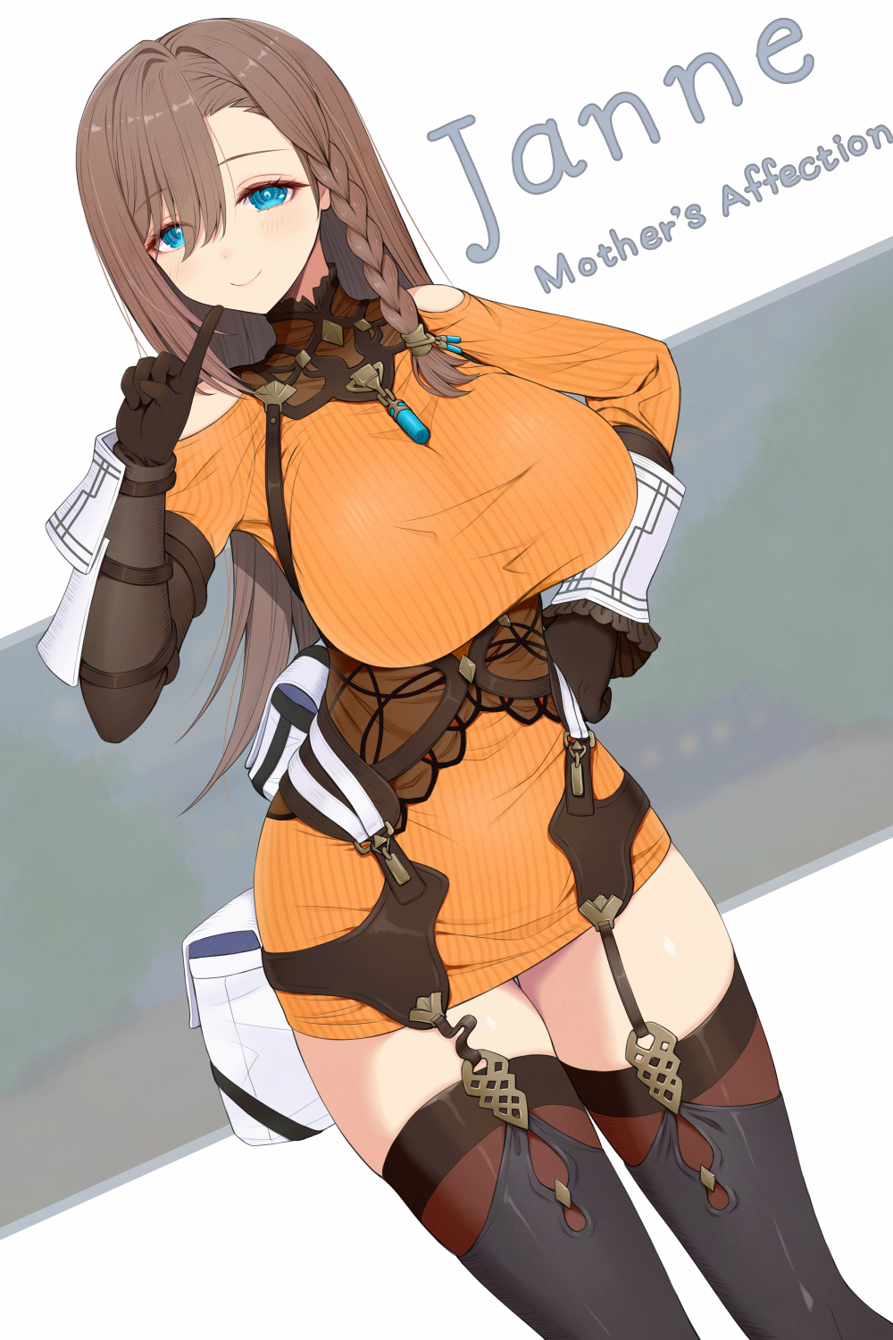 1girl asamura_hiori atelier_(series) atelier_resleriana bare_shoulders blue_eyes blush braid breasts brown_hair dress highres janne_lindemann large_breasts long_hair looking_at_viewer side_braid single_braid smile solo sweater sweater_dress thighhighs
