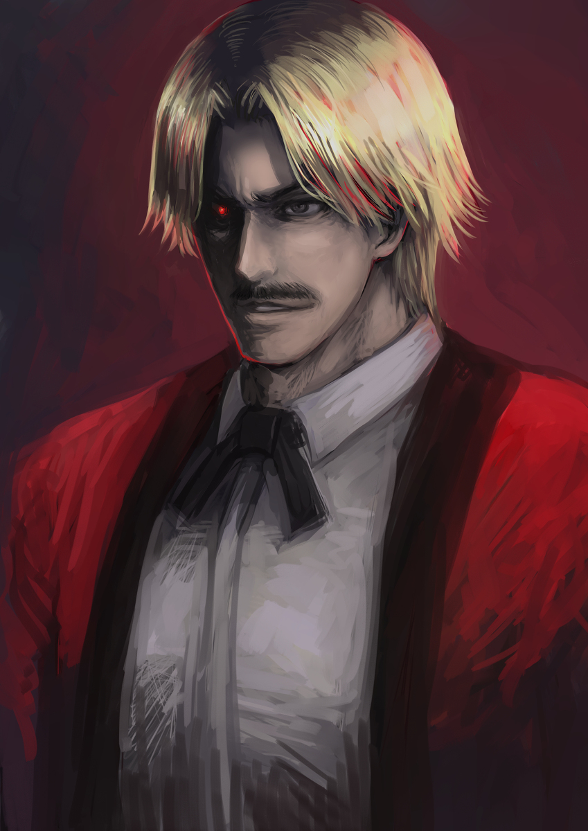 1boy blonde_hair blue_eyes formal_clothes highres johan13131313 male_focus red-eye_effect rugal_bernstein shirt short_hair suit the_king_of_fighters white_shirt