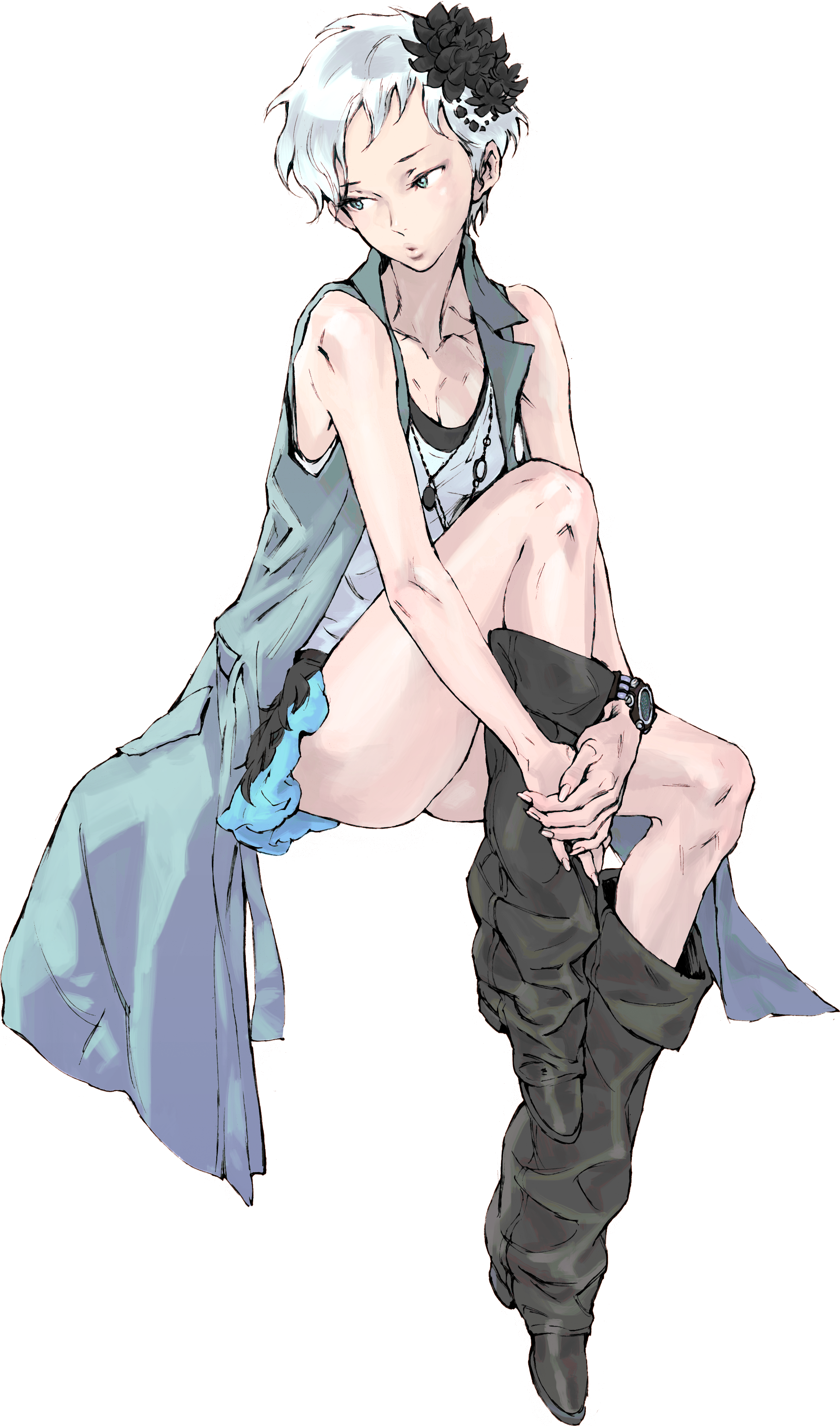 1girl absurdres archived_source breasts flower full_body hair_flower hair_ornament highres kyokugen_dasshutsu long_hair nishimura_kinu official_art own_hands_together phi_(kyokugen_dasshutsu) simple_background sleeveless small_breasts solo third-party_source transparent_background very_long_hair white_eyes white_hair