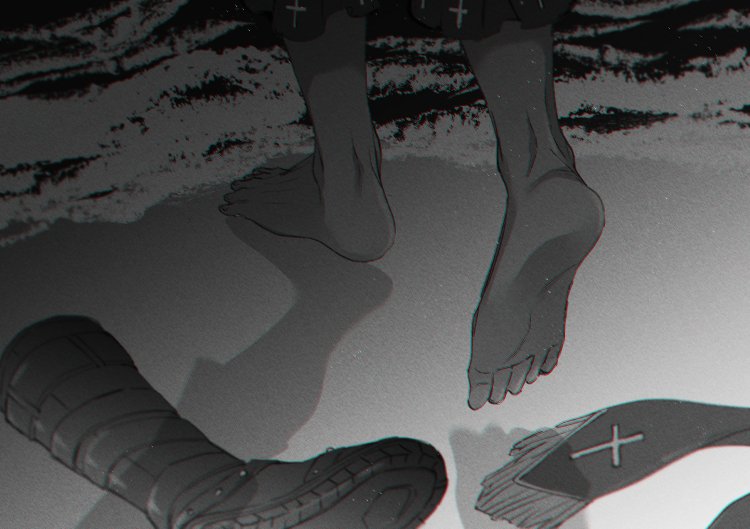 1boy bartholomew_roberts_(fate) boots clothes_on_floor cross cross_print dark-skinned_male dark_skin fate/grand_order fate_(series) feet foot_focus greyscale historical_event monochrome ocean out_of_frame scarf shiramatsu single_boot soles solo toes walking