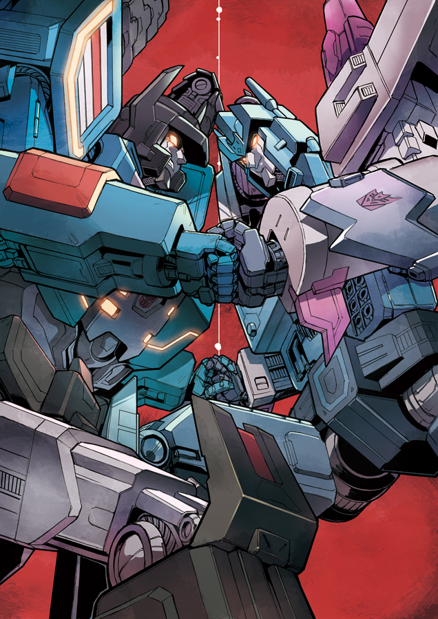 2boys autobot battle decepticon duel emblem fortress_maximus mecha miyako_nagi multiple_boys no_humans overlord_(transformers) robot science_fiction the_transformers_(idw) transformers