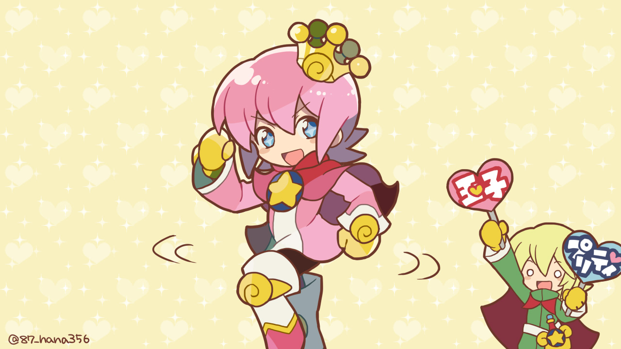 2boys blonde_hair blue_eyes brown_background cape crown green_tunic hana_(mew) holding holding_sign looking_at_viewer male_focus mittens multiple_boys no_nose ocean_prince open_mouth otomo_(puyopuyo) pink_hair pink_tunic puyopuyo puyopuyo_fever red_cape salde_canarl_shellbrick_iii short_hair sign tunic twitter_username white_footwear yellow_mittens