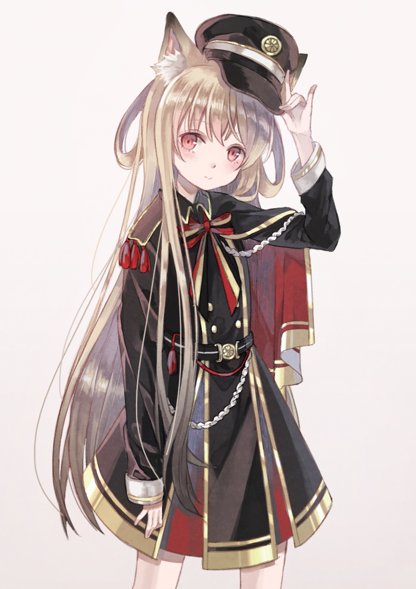 1girl animal_ears bad_id bad_pixiv_id black_hat blush brown_hair cat_ears female_focus fox_ears hat long_hair long_sleeves looking_at_viewer original oro_ponzu red_eyes red_ribbon ribbon smile solo