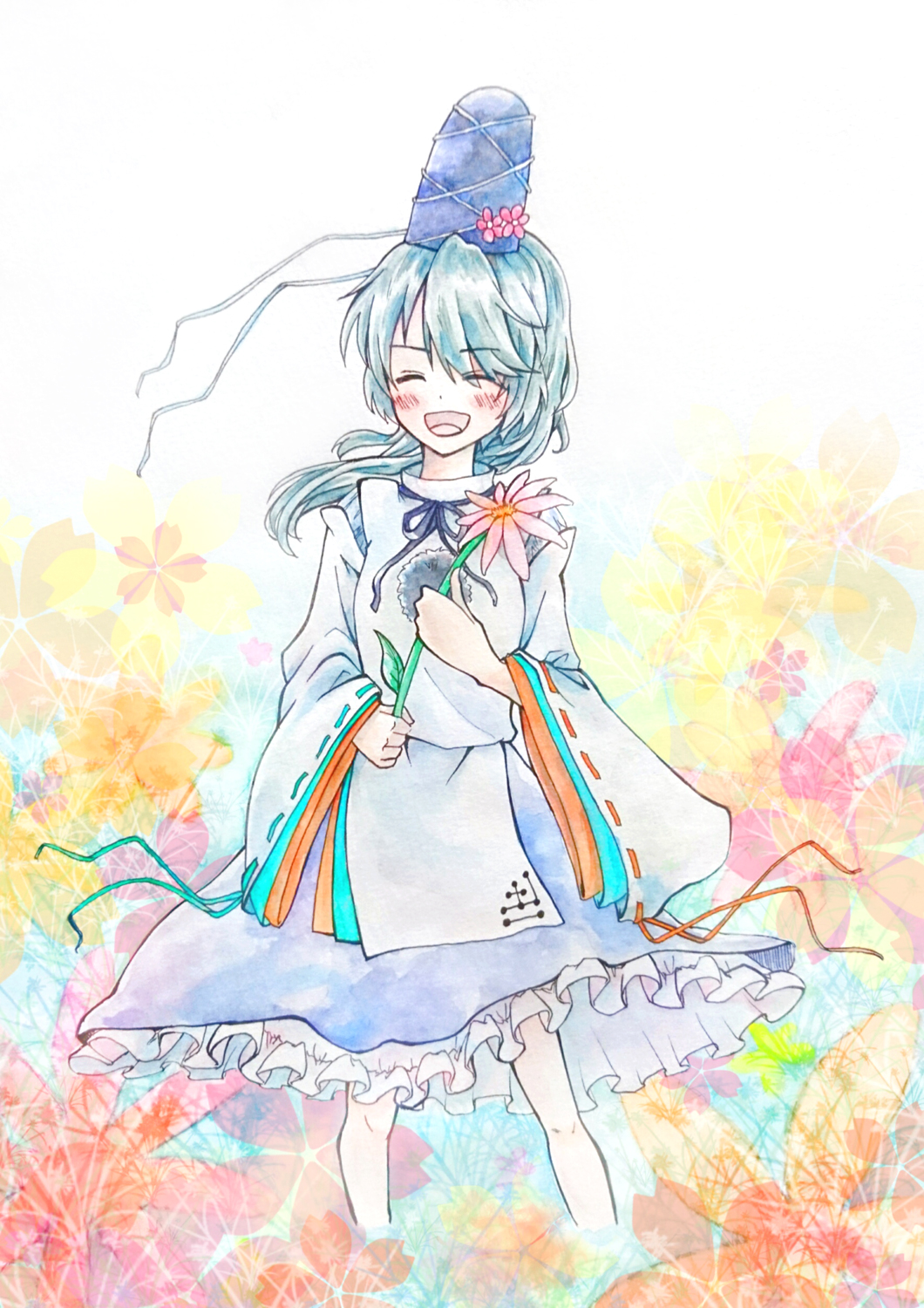 1girl blue_skirt blush closed_eyes detached_sleeves female_focus flower happy hat hat_ribbon highres holding holding_flower japanese_clothes kariginu long_hair long_sleeves mononobe_no_futo ponytail ribbon silver_hair skirt smile solo standing tate_eboshi touhou unico wide_sleeves