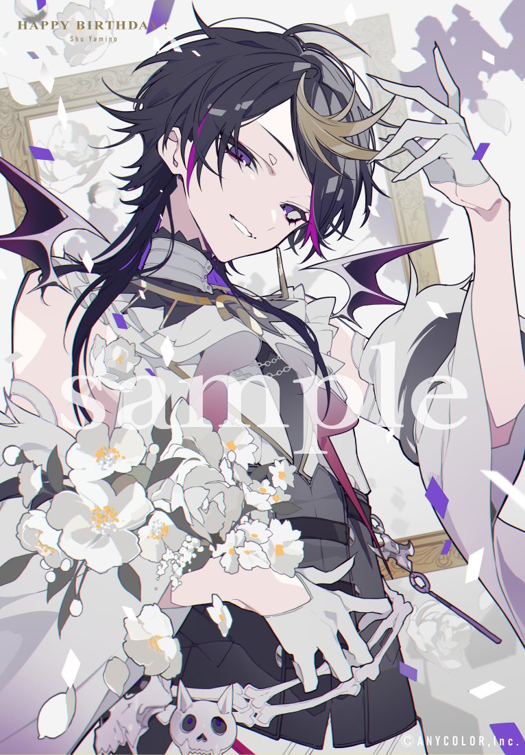 1boy black_corset black_hair black_shorts blonde_hair character_name collar confetti copyright_name corset demon_wings detached_collar detached_sleeves falling_petals flower frilled_collar frilled_shirt_collar frills gloves grin half_gloves happy_birthday high-waist_shorts male_focus medium_hair mochizuki_kei multicolored_hair nijisanji nijisanji_en official_art petals picture_frame pink_hair sample_watermark shirt shorts shu_yamino shu_yamino_(1st_costume) skull sleeveless sleeveless_shirt smile solo streaked_hair teeth virtual_youtuber watermark white_flower white_gloves white_petals white_shirt wide_sleeves wings